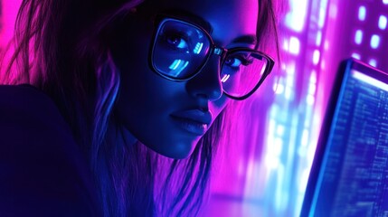 a young woman wearing glasses looks intently at a computer screen, illuminated by neon lights in a f