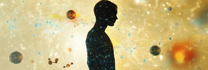 Aufkleber - The silhouette of a human is surrounded by colorful molecules and diagrams, illustrating the interplay of science and human existence. Generative AI