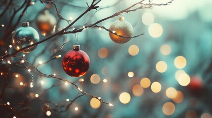 Poster - Brightly colored ornaments adorn tree branches, reflecting light and bringing holiday cheer to the winter landscape. Generative AI