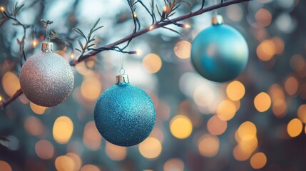 Poster - Three vibrant Christmas ornaments dangle from a branch, surrounded by soft, glowing lights that create a warm holiday atmosphere. Generative AI