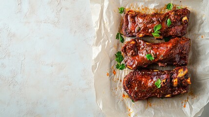 Wall Mural - Juicy Barbecue Ribs with Rich Sauce Garnished with Fresh Herbs Served on Crumpled Parchment Paper for a Deliciously Appetizing Culinary Presentation