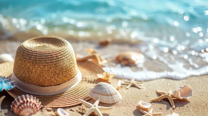 A straw hat and seashells on a sandy beach.