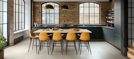 Wall Mural - Modern Open Plan Kitchen with Exposed Brick Walls, Large Windows, and an Island Table.