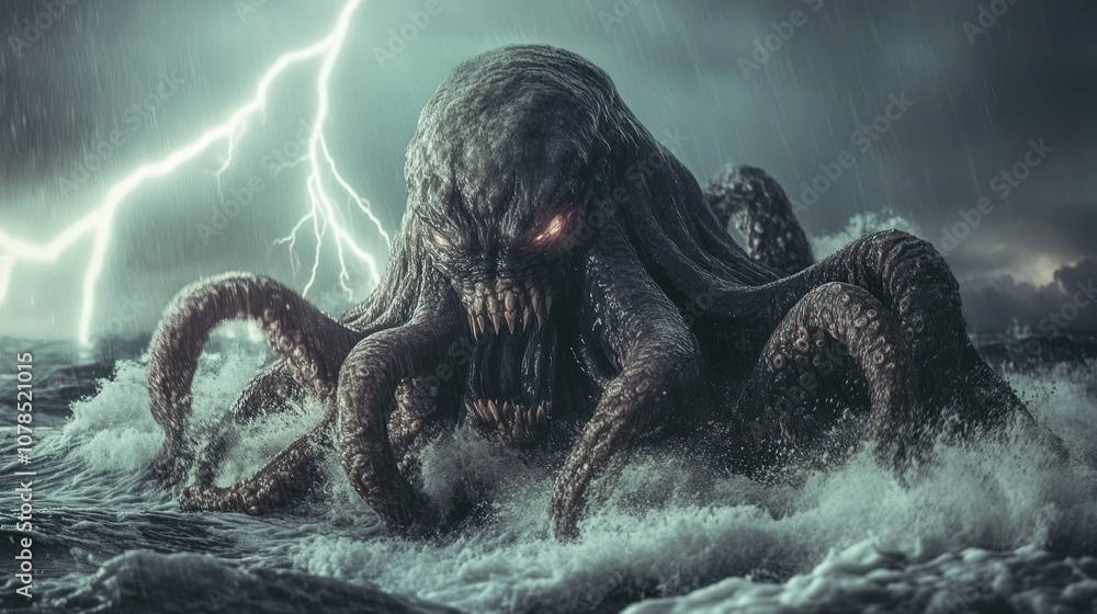 Scary Cthulhu monster that appears in the sea with storms and lightning ...