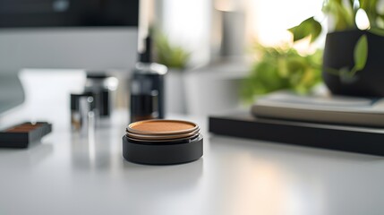 Wall Mural - Softfocus shot of a single eyeshadow pot on a minimalist desk AI generated illustration