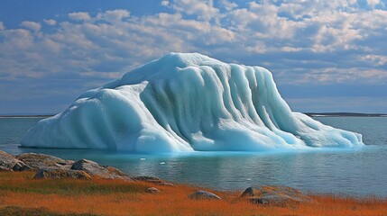 Wall Mural - A large iceberg floats in the ocean with a rocky shoreline and red grass in the foreground.