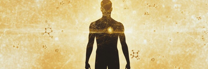 Aufkleber - A human silhouette stands surrounded by vibrant molecular structures and diagrams, representing the intersection of biology and science. Generative AI