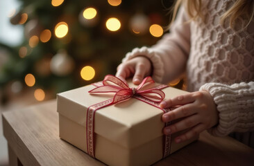 Child wrapping christmas gift box with red ribbon by festive tree