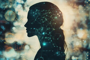 Aufkleber - A human silhouette stands amidst a blend of colorful molecules and scientific diagrams, symbolizing exploration and innovation. Generative AI