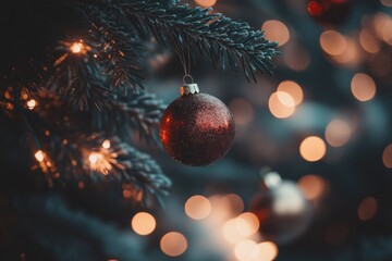 Poster - Decorative ornaments dangle from a Christmas tree, illuminated by sparkling lights, adding a joyful touch to the holiday ambiance. Generative AI