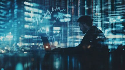 Businessman working late at night in front of a computer screen with data and charts in the background
