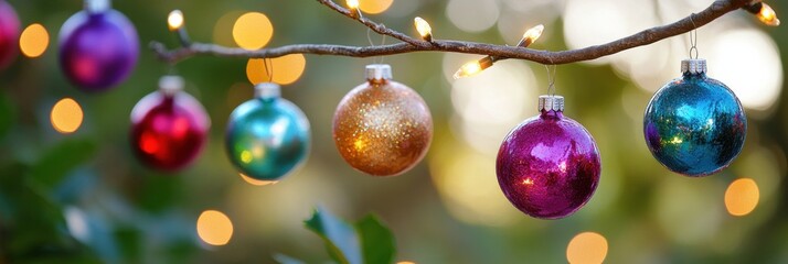 Poster - Colorful ornaments dangle on a tree branch, illuminated by twinkling lights, evoking the joyous atmosphere of Christmas celebrations. Generative AI