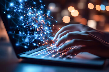 Software engineer working on cutting-edge technology, integrating futuristic concepts into a modern laptop