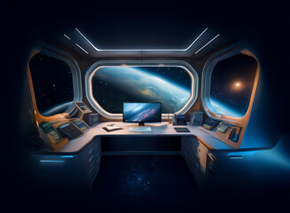 Poster - A view from inside a spaceship, with a desk, a computer, and a large window overlooking the Earth and stars in the dark expanse of space.