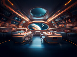 Poster - A futuristic spaceship interior with a large window overlooking a planet and its rings.