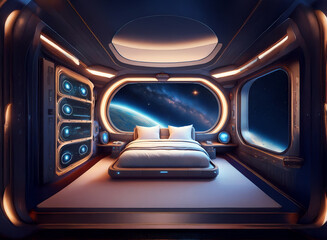 Poster - A futuristic bedroom with a bed in the center, two large windows showing a view of Earth from space, and sleek, modern furniture.