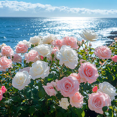 Wall Mural - large bouquet of pink and white roses against serene ocean backdrop, capturing beauty of nature and evoking sense of tranquility and joy