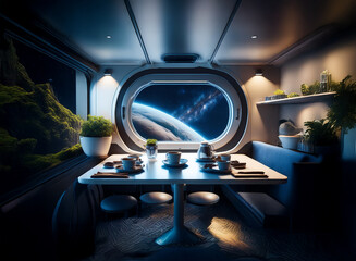 Poster - A futuristic dining room in a spaceship, with a large window offering a view of Earth and the Milky Way.