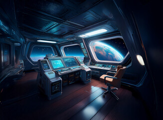 Poster - The interior of a spaceship with a view of a planet through the window, featuring a control panel, chairs, and wood flooring.