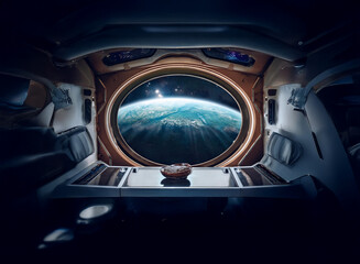 Poster - A view of Earth from a spaceship window, with a small brown object on a table in the foreground.
