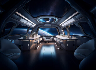 Poster - A futuristic bar inside a spaceship, overlooking a blue and green planet with a starry night sky.