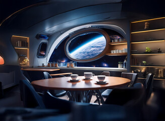 Poster - A futuristic dining area with a large oval window overlooking a blue and green planet from space. A round table with chairs and cups are in the foreground.