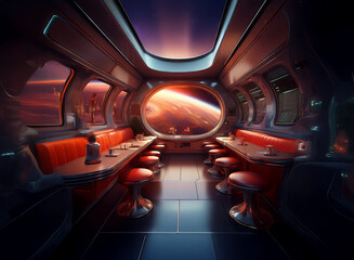 Poster - A retro diner style space station with large windows overlooking a futuristic city and a red planet.