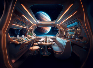 Poster - A futuristic dining space with a large window showcasing a view of a distant planet.