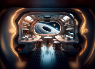 Poster - A futuristic bar with a view of space featuring a ringed planet and stars seen from a large window.