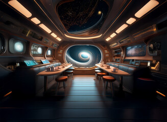 Poster - The interior of a spaceship with a large window looking out into space. The interior features a bar, booths, and tables with seating.