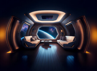 Poster - A futuristic spaceship interior with large windows showcasing a view of Earth from space. The room is furnished with comfortable seating and a coffee table, creating a welcoming and luxurious atmosphe