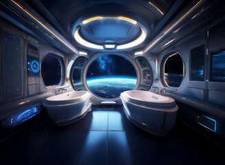 Poster - A futuristic bathroom with two bathtubs, a large window overlooking Earth, and blue and white lighting.