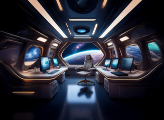 Poster - A futuristic spaceship interior with large windows overlooking a vast, colorful planet.