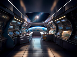 Poster - A futuristic spaceship bridge overlooking a planet with a starry sky beyond.