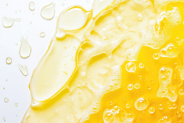 Wall Mural - A yellow liquid cosmetic with bubbles and droplets on a white background wash