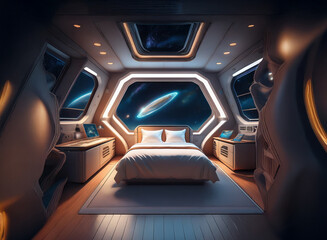 Poster - A futuristic bedroom with large windows overlooking a vast expanse of space.