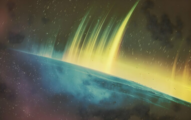 Wall Mural - a grainy vhs-style image of an aurora borealis in space, with the sky displaying a blend of blue and