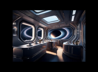 Poster - A futuristic spaceship interior with large windows overlooking a breathtaking view of a ringed planet and black hole.