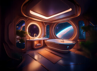 Poster - A futuristic bathroom with a bathtub, sink, and plants overlooking a view of Earth from a spaceship.