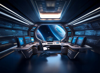 Poster - A futuristic spaceship bridge with multiple computer stations and a large window revealing a distant planet and stars.