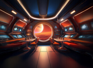 Poster - A futuristic spaceship interior with a large round window looking out at a red desert planet.