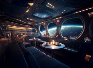 Poster - A futuristic lounge with large windows showcasing a view of Earth from space.