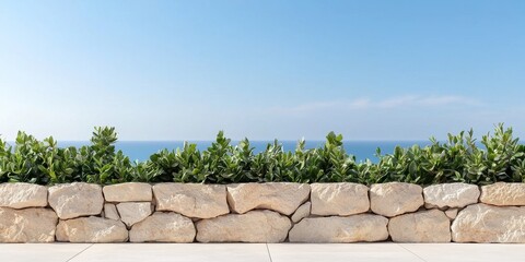 Wall Mural - A serene coastal view featuring a stone wall and lush greenery under a clear blue sky.