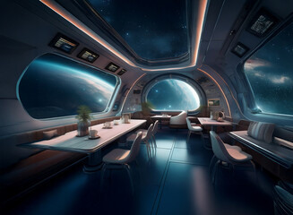 Poster - A futuristic dining room with large windows overlooking Earth and a starry sky.