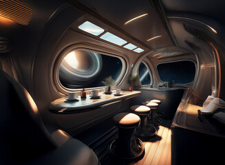 Poster - A futuristic spaceship lounge with large windows showcasing a distant nebula and a small counter with seats.