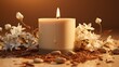 © Aqib - Lit vanilla candle on a beige background, creating a warm, soothing ambiance for cozy settings.