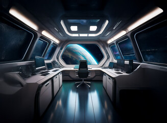 Poster - The interior of a futuristic spaceship, featuring a large window showcasing Earth from space.