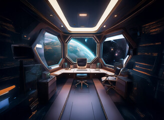 Poster - A futuristic office with a view of Earth from a spaceship window. The desk is equipped with a computer and two chairs.