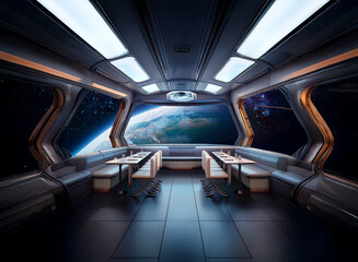 Poster - A futuristic spaceship dining area with large windows overlooking Earth and a starry sky.