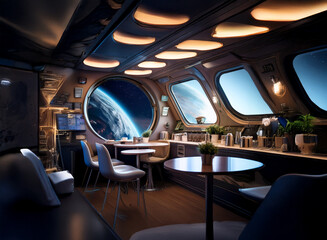 Poster - A futuristic cafe interior with large round windows offering a view of Earth from space.